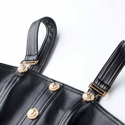 Womens PU Faux Leather Overalls Gold Buttons Dress Black Suspender Skirt