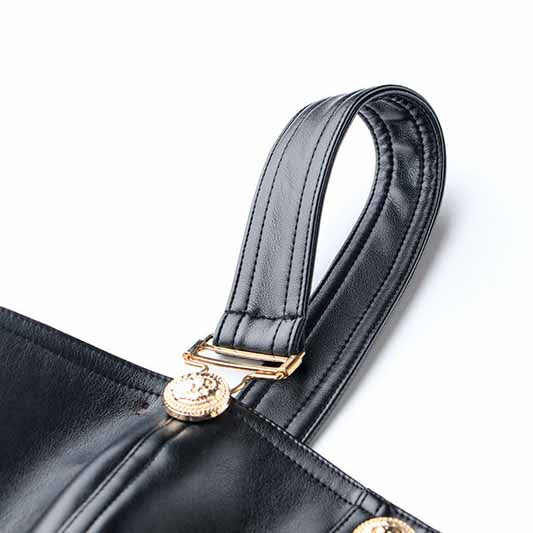 Womens PU Faux Leather Overalls Gold Buttons Dress Black Suspender Skirt