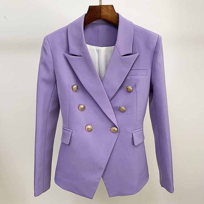 Women's Purple Textured Luxury Fitted Double Breasted Blazer with Lion Buttons