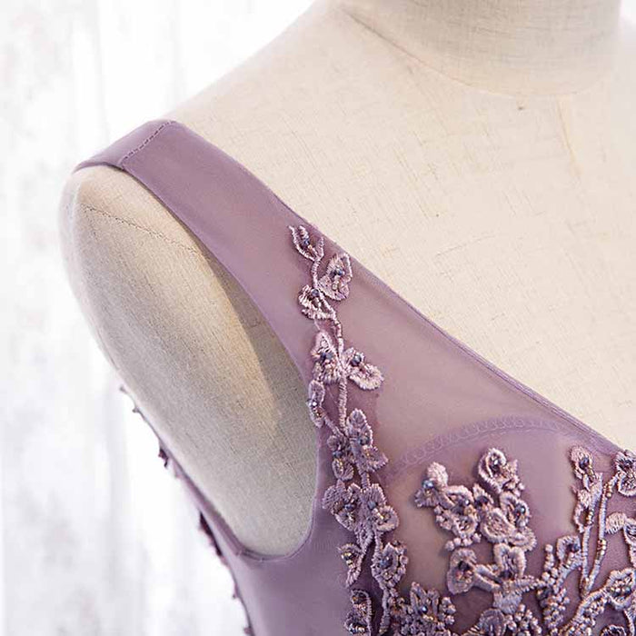 Women's Purple V-Neck Lace Appliques Tulle Evening Dress