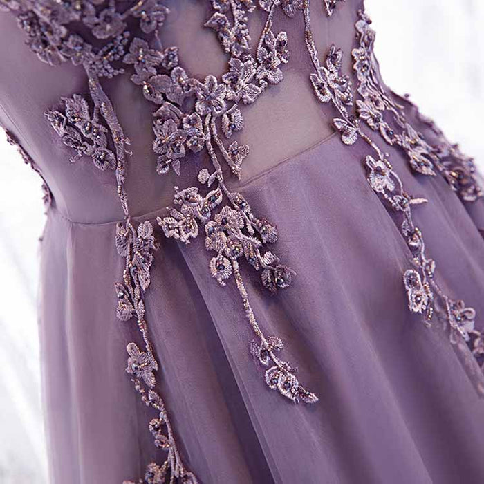 Women's Purple V-Neck Lace Appliques Tulle Evening Dress