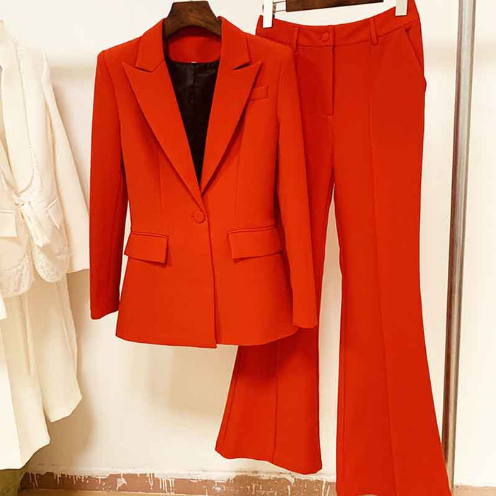 Women's Red Pantsuit Blazer+High Waisted Flare Pants Suit Wedding Pantsuit