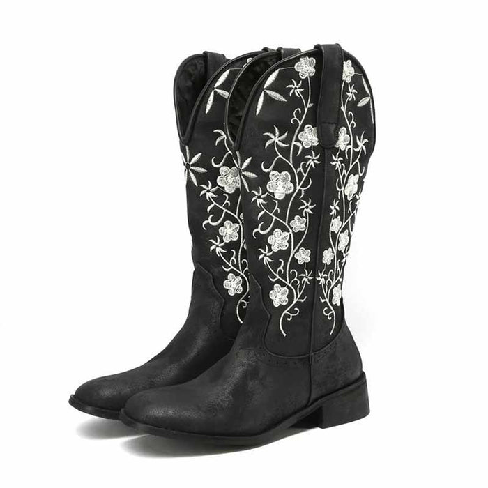 Women's Retro Western Cowboy Boots Embroidered Mid Calf Chunky Boots