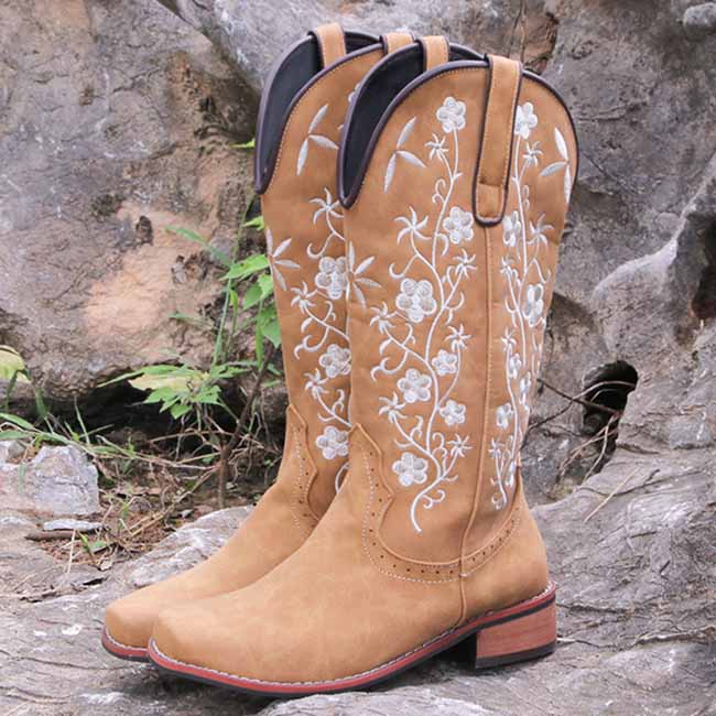 Women's Retro Western Cowboy Boots Embroidered Mid Calf Chunky Boots