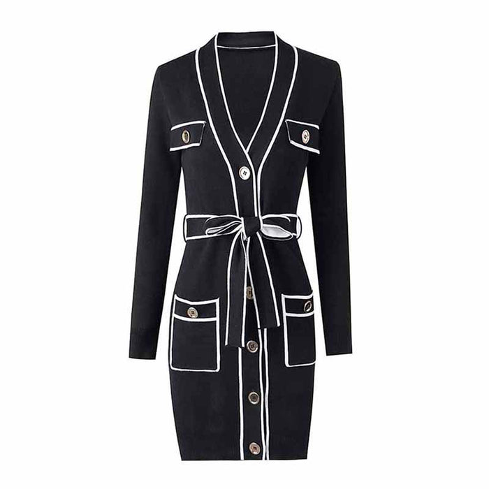 Women's Rib Knit Tie Waist Midi Dress Black Knit Cardigan