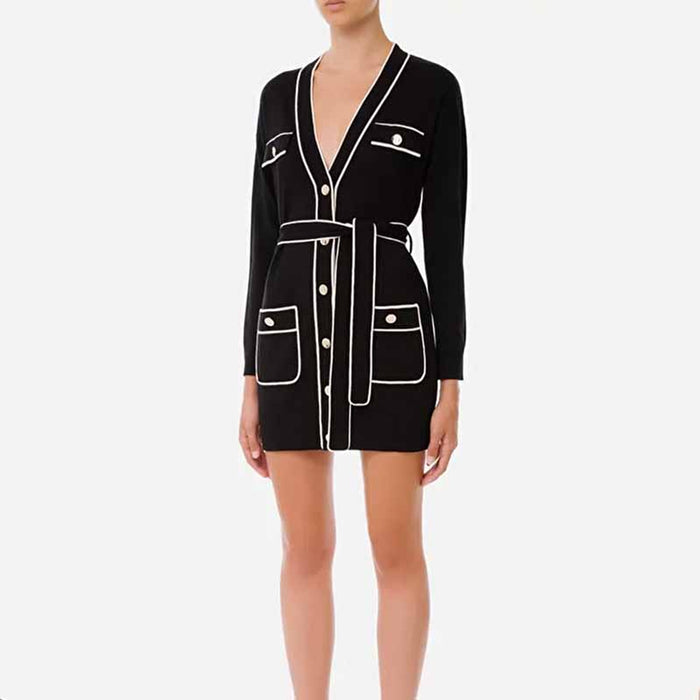 Women's Rib Knit Tie Waist Midi Dress Black Knit Cardigan