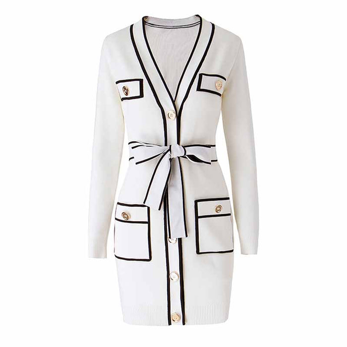 Women's Rib Knit Tie Waist Midi Dress White Knit Cardigan