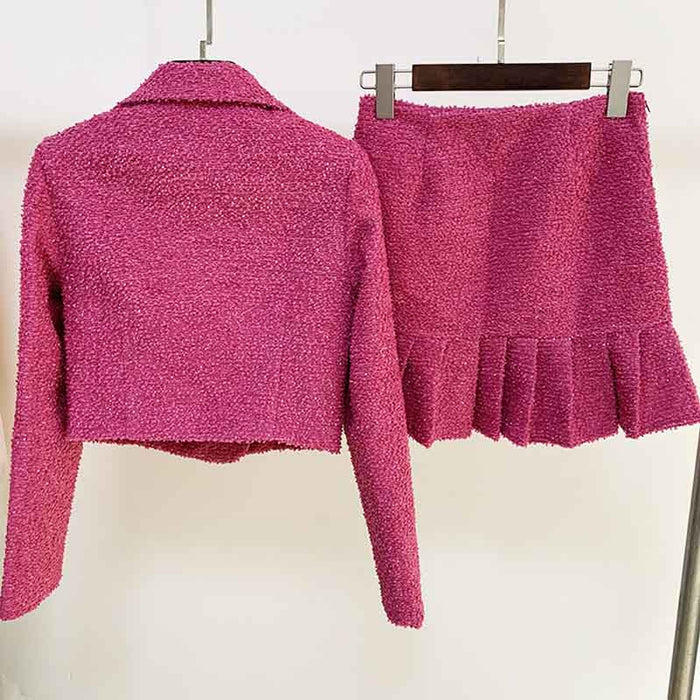 Womens Rose Pink Two Piece Short Coat with Long Sleeves + Short Skirt Formal Set