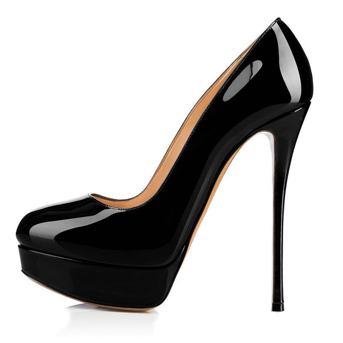 Tucomosi women's round toe high heel shoes in sleek black patent leather with a bold stiletto design