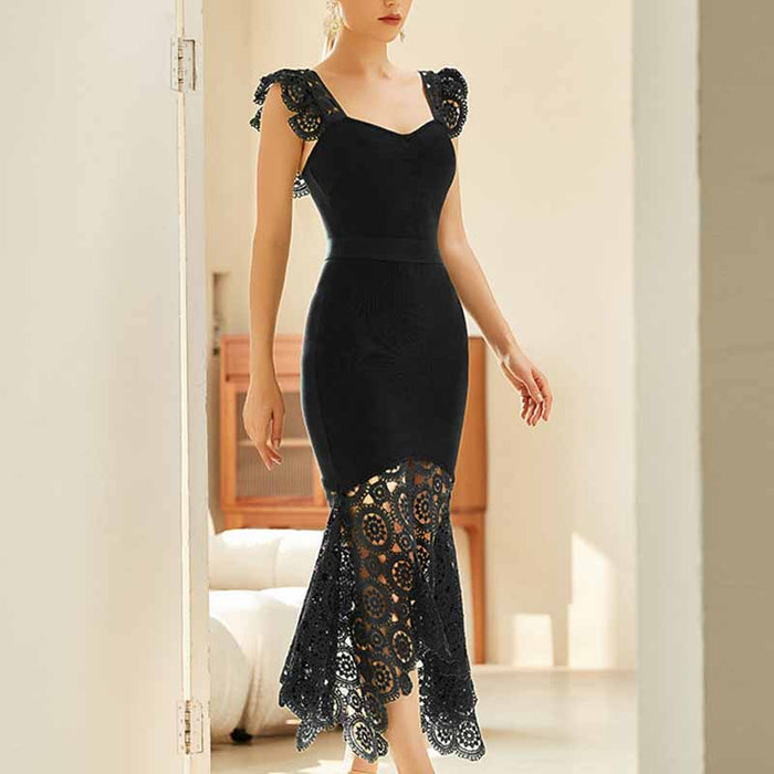 Women's Ruched Neck Fishtail Bandage Bodycon Dress Wedding Guest Party Dress