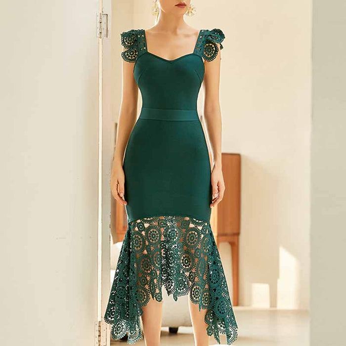 Women's Ruched Neck Fishtail Bandage Bodycon Dress Wedding Guest Party Dress