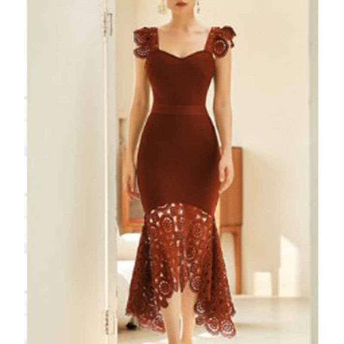 Women's Ruched Neck Fishtail Bandage Bodycon Dress Wedding Guest Party Dress
