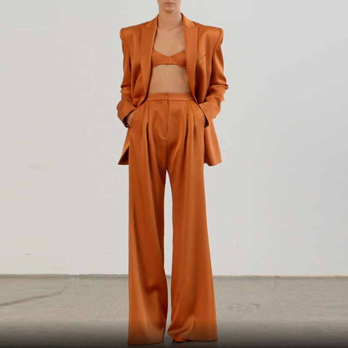 Women's Rust Pantsuit Double Breasted Button Blazer + Wide Trousers