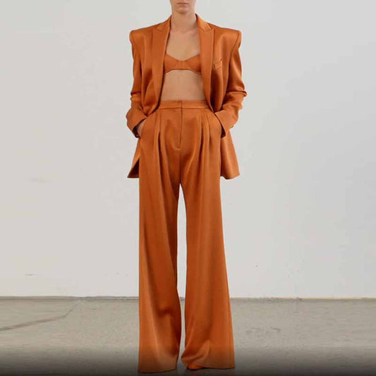 Women's Rust Pantsuit Double Breasted Button Blazer + Wide Trousers