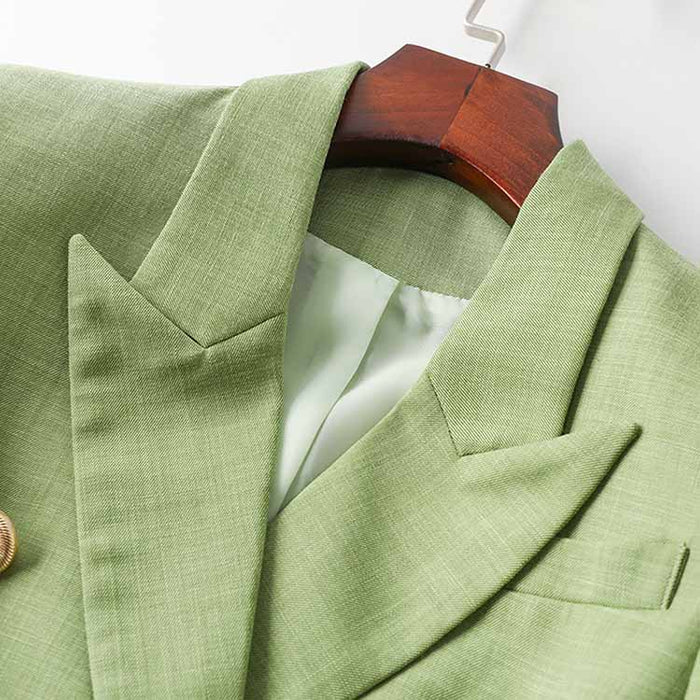 Women's Sage Green Textured Luxury Fitted Double Breasted Blazer with Lion Buttons - SLIM FIT
