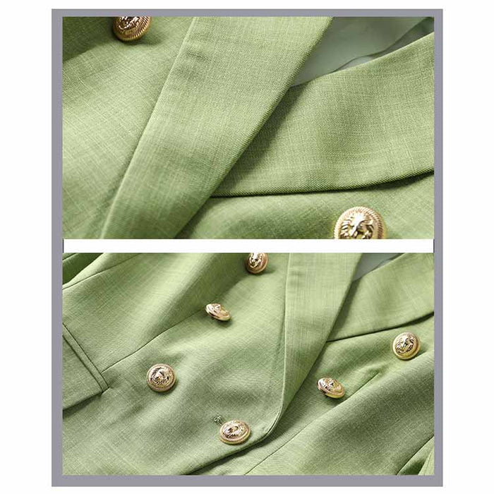 Women's Sage Green Textured Luxury Fitted Double Breasted Blazer with Lion Buttons - SLIM FIT