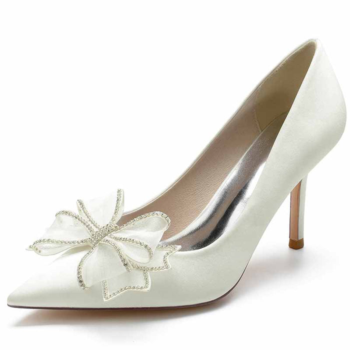 Elegant women's satin wedding shoes with a decorative bow and pointed toe design