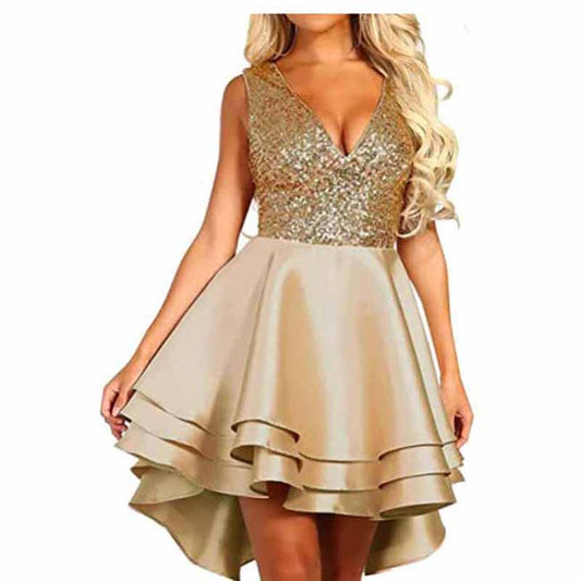 Women's Sequin Glitter V Neck Skater Mini Club Cocktail Party Swing Dress