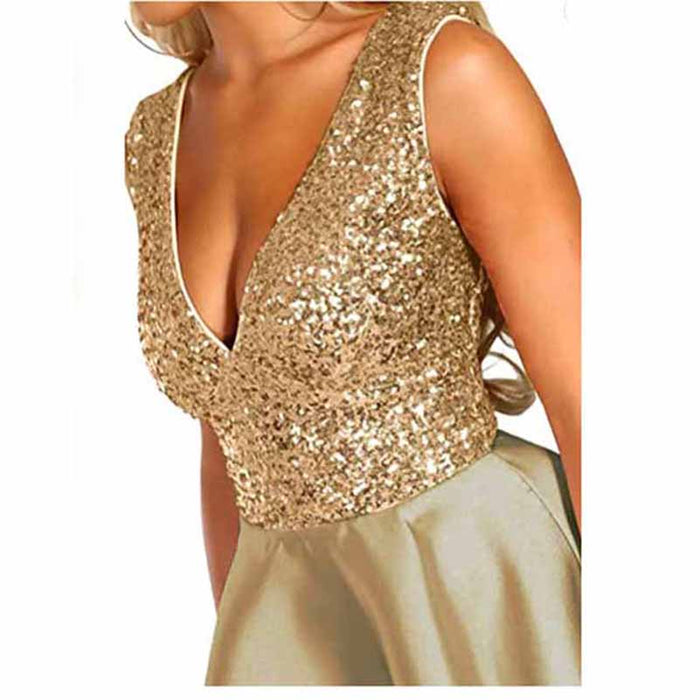 Women's Sequin Glitter V Neck Skater Mini Club Cocktail Party Swing Dress