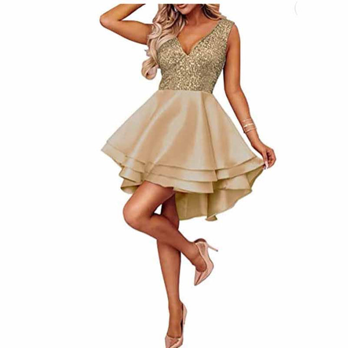 Women's Sequin Glitter V Neck Skater Mini Club Cocktail Party Swing Dress