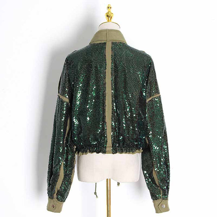 Womens Sequin Jacket Casual Long Sleeve Front Zip Bomber Blazer with Pockets