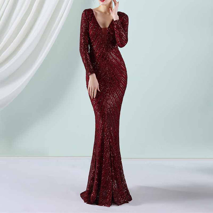 Women's Sequined Long Sleeves Formal Dresses Bling Bling Evening Gown S-4XL