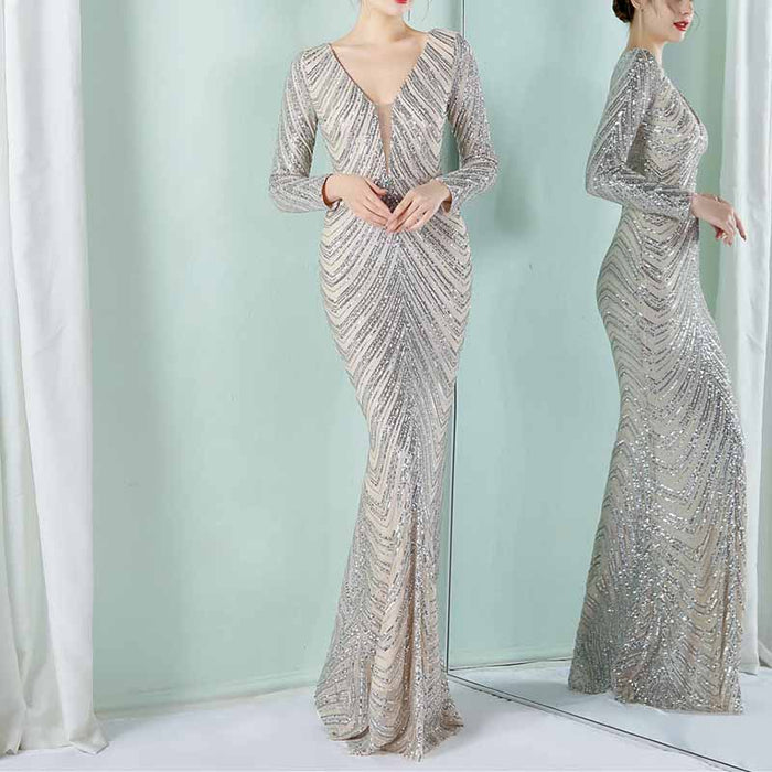 Women's Sequined Long Sleeves Formal Dresses Bling Bling Evening Gown S-4XL