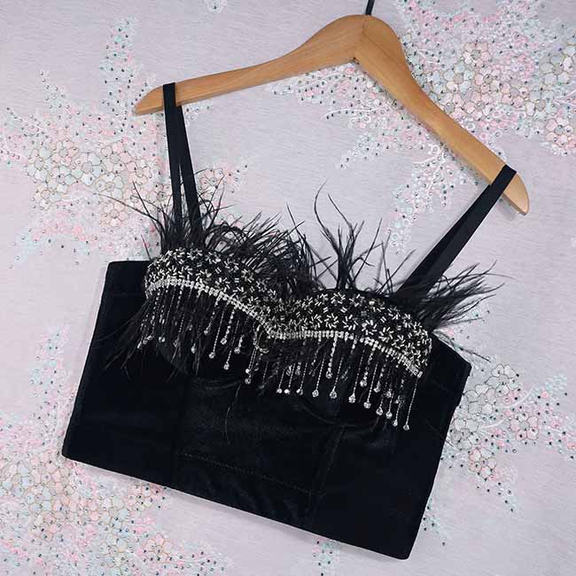 Women's sexy bustier push up crop top club party corset top bra with feather