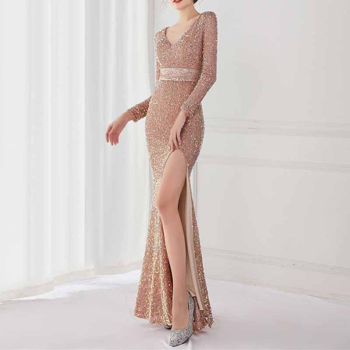 Women's Sexy Long Sleeve V Neck Wrap Side Split Bodycon Cocktail Party Maxi Dress S-4XL