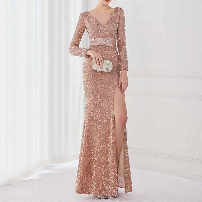 Women's Sexy Long Sleeve V Neck Wrap Side Split Bodycon Cocktail Party Maxi Dress S-4XL