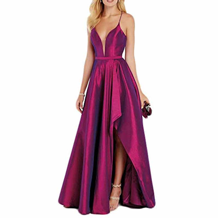 Women's Sexy Satin Deep V Neck Backless Hi Lo Prom Party Evening Dress