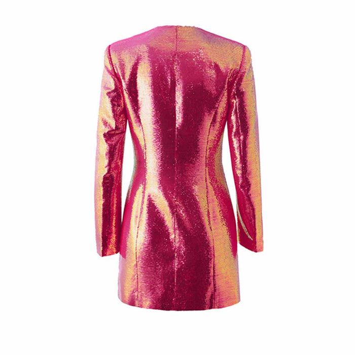 Women's Sexy V Neck Fully Sequinned Mini Dress Hot Pink Blazer Dress