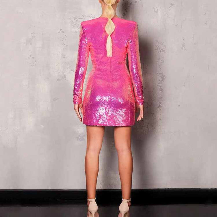 Women's Sexy V Neck Fully Sequinned Mini Dress Hot Pink Blazer Dress