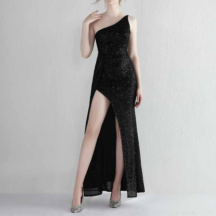 Women's Shinny Sequin Long Evening Dress One Shoulder Prom Gown