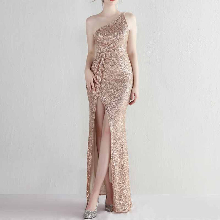 Women's Shinny Sequin Long Evening Dress One Shoulder Prom Gown