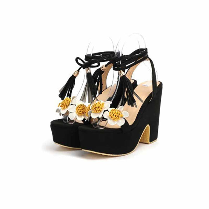 Women's Shoes Platform Heels Sandals Suede Flower Block Heels