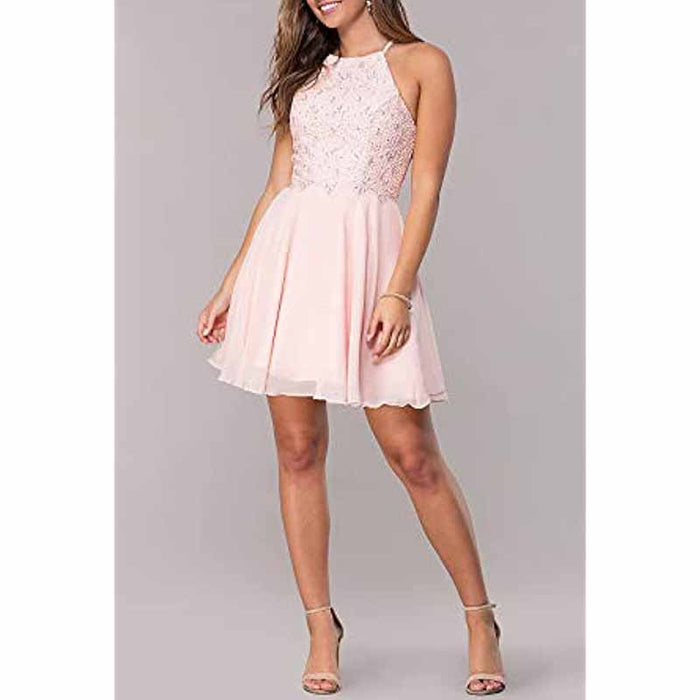 Women's Short Halter Homecoming Dress Knee Length Lace Prom Graduation Party Gown