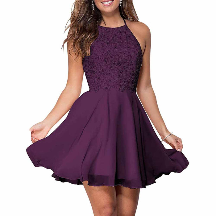 Women's Short Halter Homecoming Dress Knee Length Lace Prom Graduation Party Gown