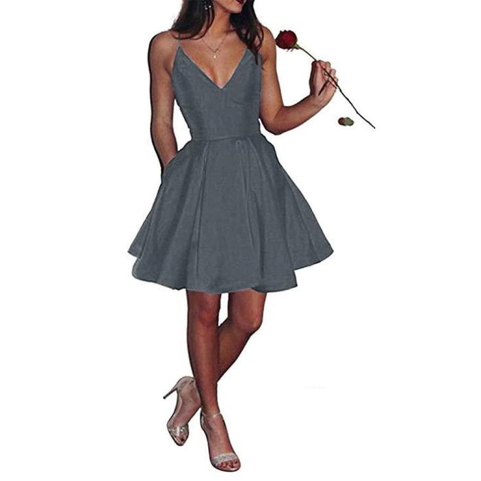 Womens Short Homecoming Dress Satin Spaghetti Strap Formal Prom Dress with Pockets