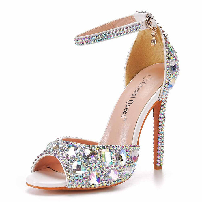 Women's Silver High Heels Dress Rhinestones Open Toe Pumps  4.33"
