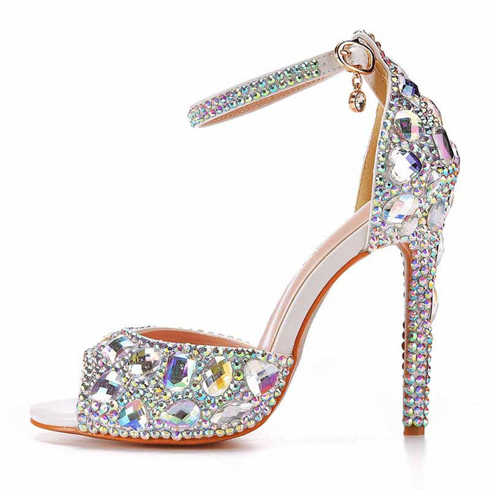 Women's Silver High Heels Dress Rhinestones Open Toe Pumps  4.33"