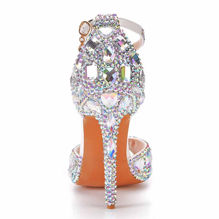 Women's Silver High Heels Dress Rhinestones Open Toe Pumps  4.33"