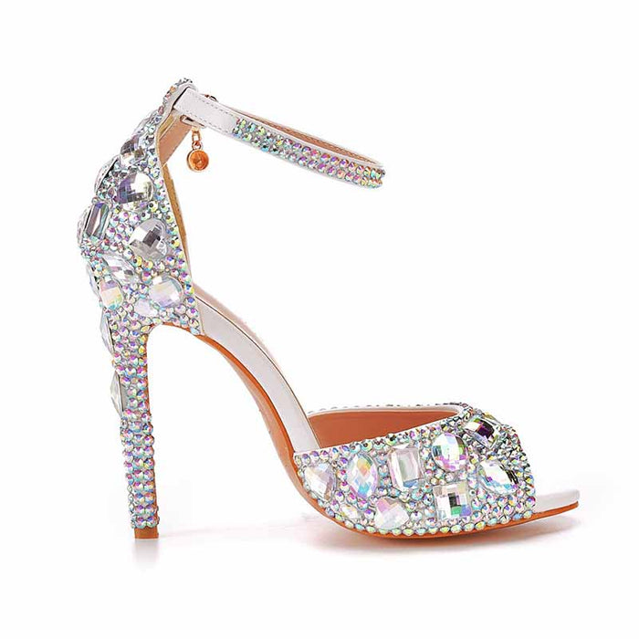 Women's Silver High Heels Dress Rhinestones Open Toe Pumps  4.33"