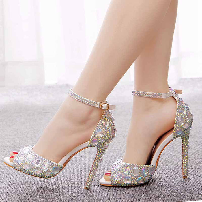 Women's Silver High Heels Dress Rhinestones Open Toe Pumps  4.33"