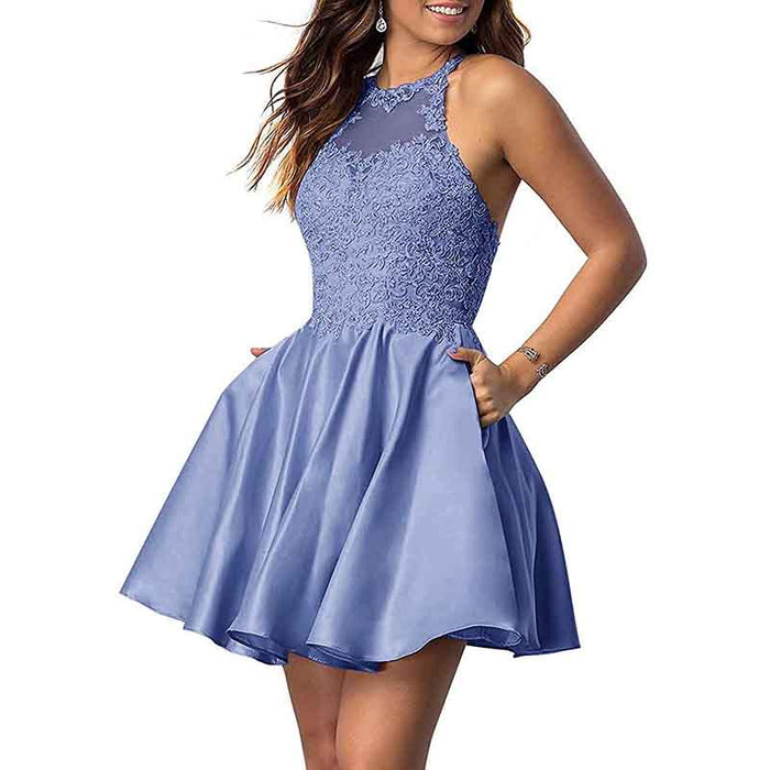 Women's Sleeveless Applique Beaded Short Homecoming Dresses With Pockets