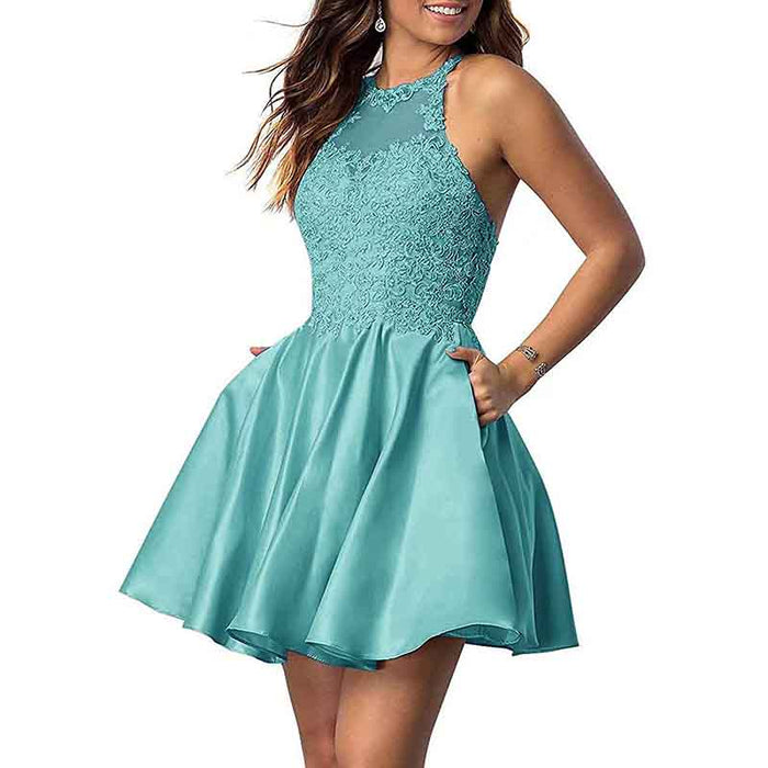 Women's Sleeveless Applique Beaded Short Homecoming Dresses With Pockets