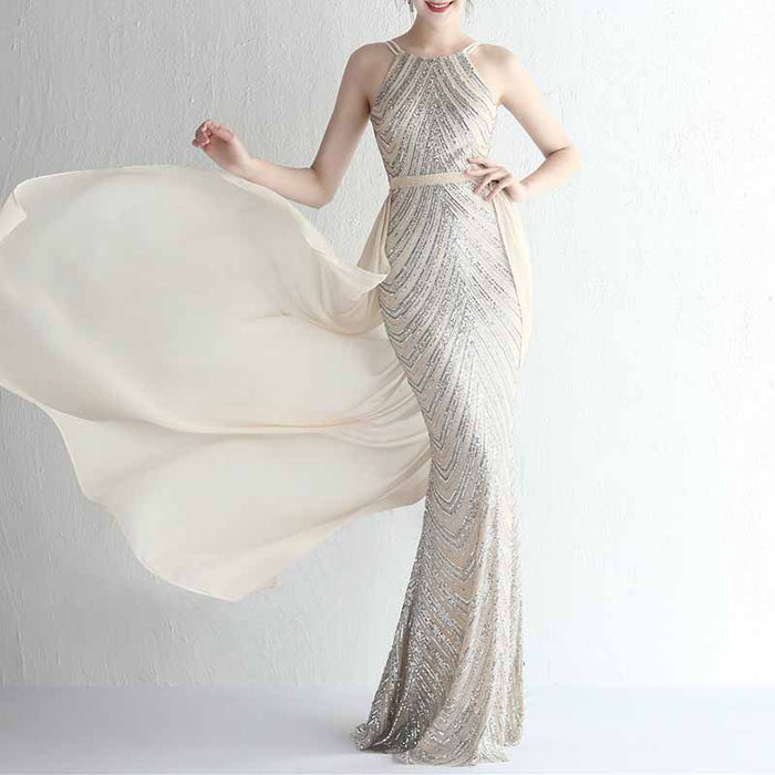 Women's Sleeveless Mermaid Detachable Train Evening Prom Dresses Party Gowns