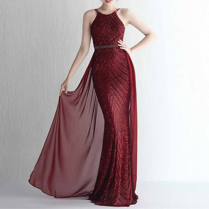 Women's Sleeveless Mermaid Detachable Train Evening Prom Dresses Party Gowns