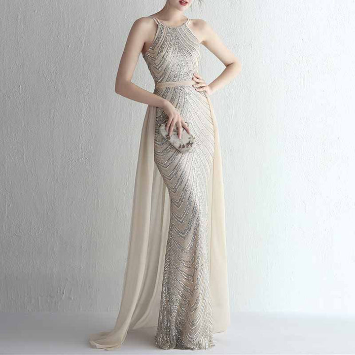 Women's Sleeveless Mermaid Detachable Train Evening Prom Dresses Party Gowns