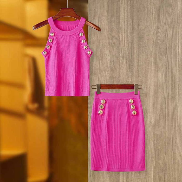 Women's Sleeveless Two Piece Mini Knitted Skirt Suit